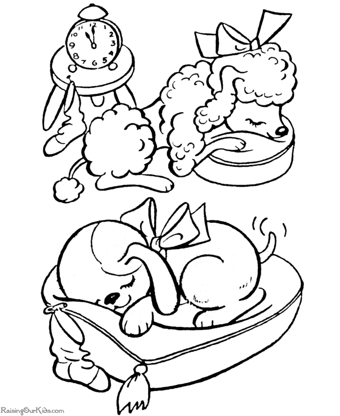 Free, printable Christmas coloring pages - Pet dogs sleeping on Christmas eve!