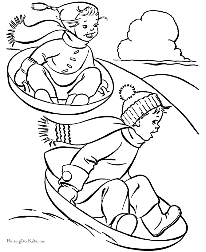 Sledding fun - Free kids printable Christmas coloring pages!